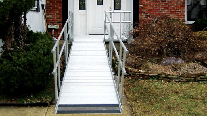 AlumiRamp - Armada Modular Aluminum Ramp System + Handrails - coming off the front entrance of a house