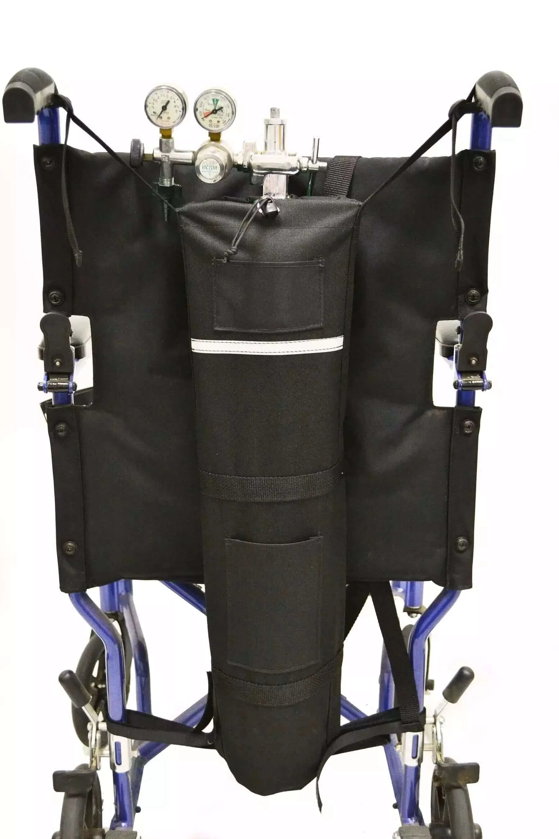 wheelchair with an oxygen tank holder on the back of it