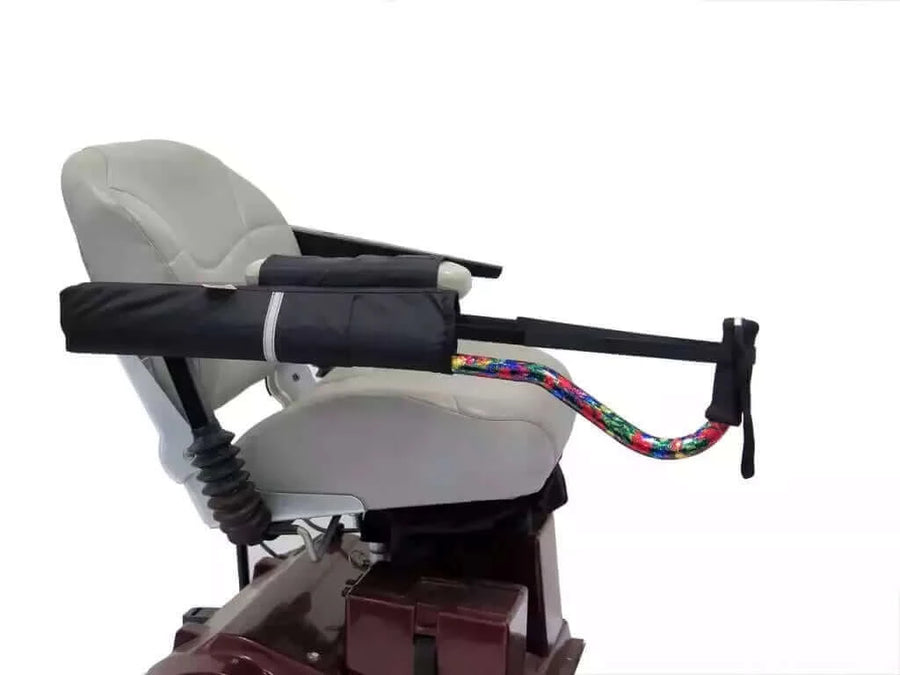 Diestco - Horizontal Cane Holder for Armrest on a power scooter with white background