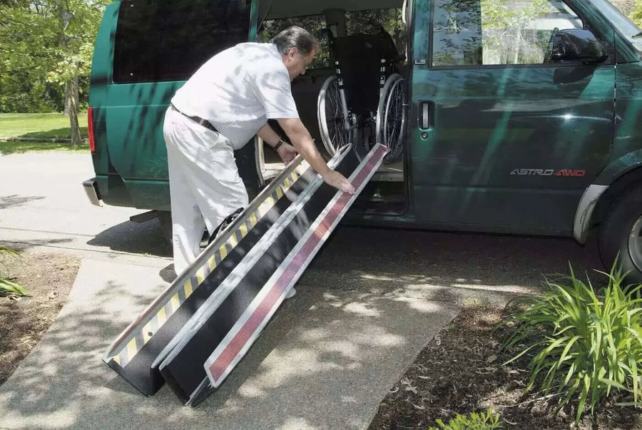 DECPAC - Fiberglass Portable Wheelchair Van Ramp + Edge Barrier - 6'6" - being used coming out of a van