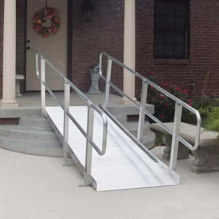 PVI - OnTrac Aluminum Wheelchair Access Ramp with Handrails being used in front of a home's three steps