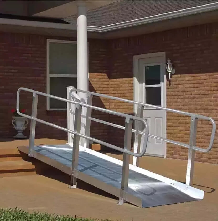 PVI - OnTrac Aluminum Wheelchair Access Ramp with Handrails being used outside the front of a home