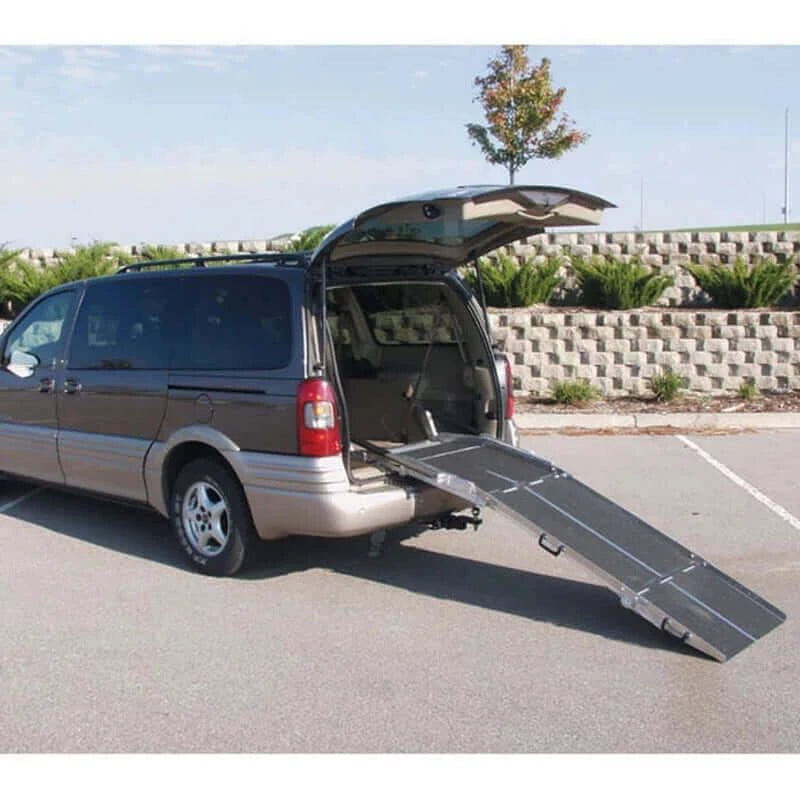 PVI - Multi-Fold Rear Door Mountable Van Wheelchair Ramp zoomed out view of it being used with a van