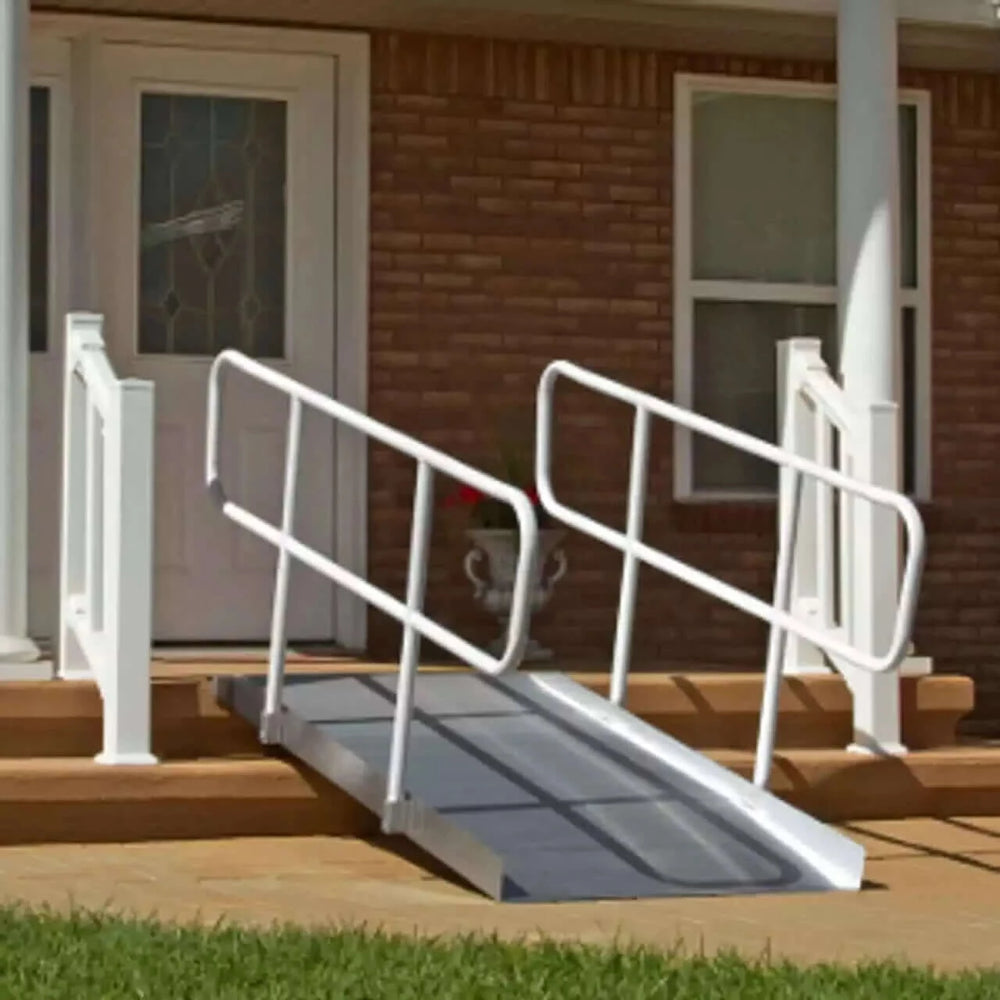 PVI - OnTrac Aluminum Wheelchair Access Ramp with Handrails being used outside the front of a home with two steps