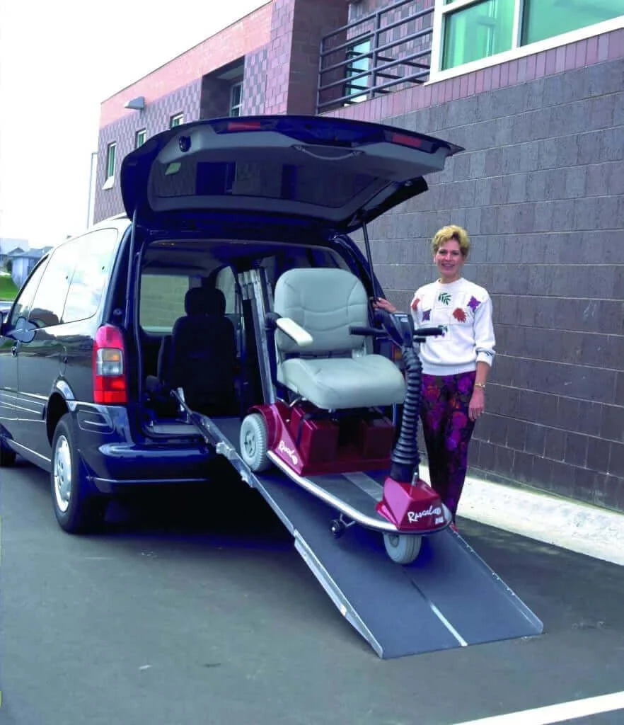 PVI - Multi-Fold Rear Door Mountable Van Wheelchair Ramp being used with a van and a motorized scooter