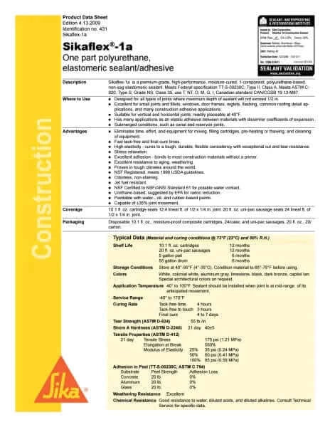 Sika SikaFlex 1A specifications sheet