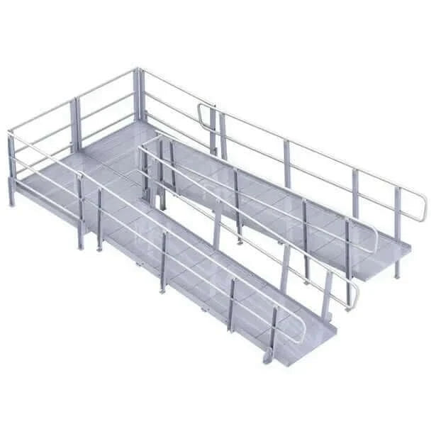 PVI - XP Aluminum Modular Wheelchair Ramp with Handrails switchback design with a white background