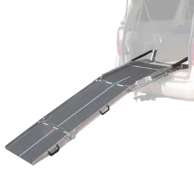 PVI - Multi-Fold Rear Door Mountable Van Wheelchair Ramp white background showing its use coming off the back of a van
