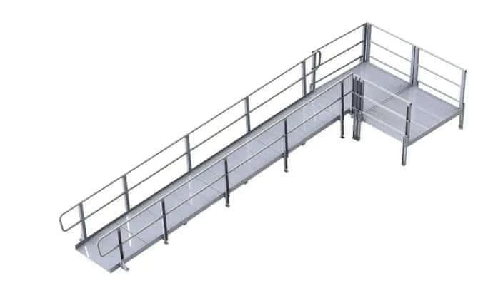 PVI - XP Aluminum Modular Wheelchair Ramp with Handrails straight design with a platform and white background