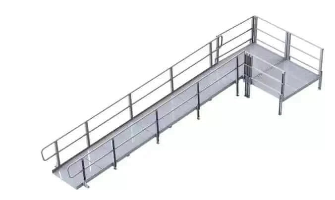 PVI - Modular Platform - XP Aluminum Wheelchair Ramp with Handrails simple straight design with platform and white background
